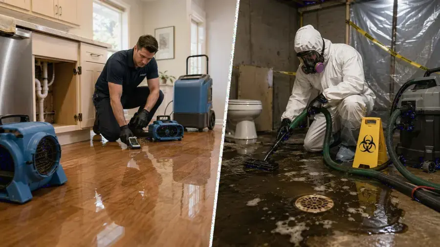Workers in protective suits cleaning up a sewage backup in a bathroom