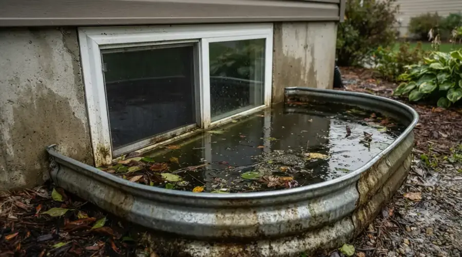 Metal window well filled with water up to the basement window